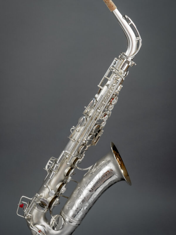 Einzigartiges SELMER Super Sax Cigar Cutter Altsaxophon von 1932, versilbert mit vergoldetem Becher und Gravur, 17007