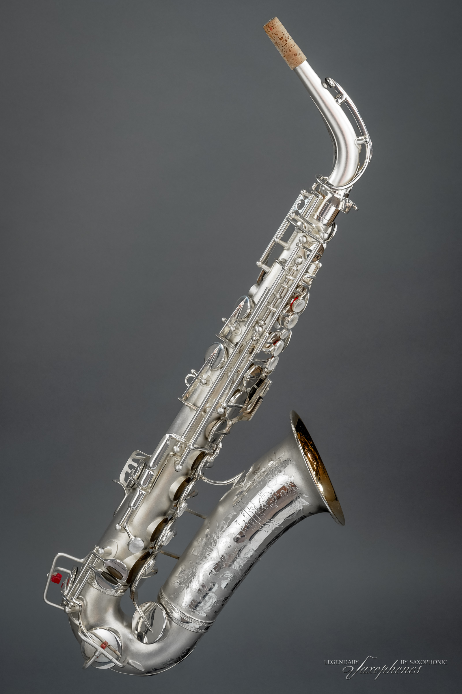 Einzigartiges SELMER Super Sax Cigar Cutter Altsaxophon von 1932, versilbert mit vergoldetem Becher und Gravur, 17007