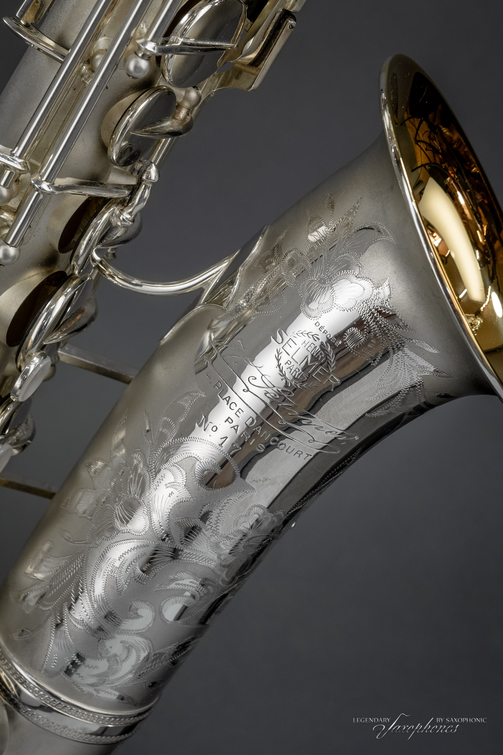 SELMER Super Sax Cigar Cutter Alo Saophone silver-platet versilbert vergoldeter Becher gold-washed bell engraving Gravur 1932 17xxx